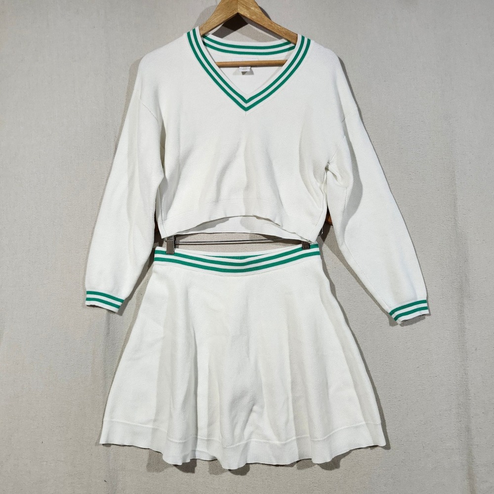 House of Harlow 1960 Womens White Green Varsity Stripe Crop Sweater Skort Set M